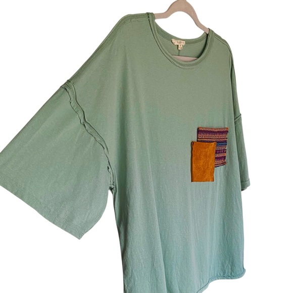 Easel Pocket Tee Green Cotton Oversized Womens Size Small Drop Shoulder Top - Picture 3 of 8